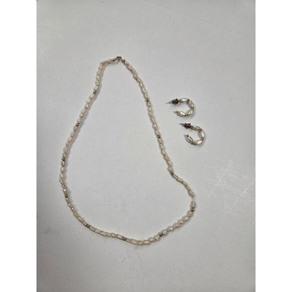 Antique 1940s 1950s 14K Gold Genuine Pearl Necklace & Matching Hoop Earrings Set - Picture 1 of 5